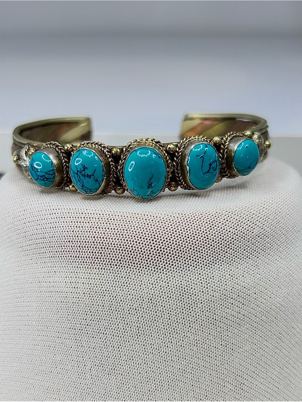 Vintage Tuareg brass copper Turquoise Stone Cuff Bracelet
